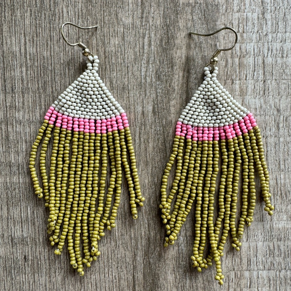 INK+ALLOY Seed Bead Earrings + Beaded Fringe. Ivory, Pink, Citron Stripe